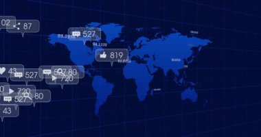 Koyu mavi dünya haritası şebekede canlandırılıyor, saydam aramalar sosyal ölçümleri gösteriyor. Coğrafya, veri, analitik, görselleştirme, teknoloji, dijital, arayüz