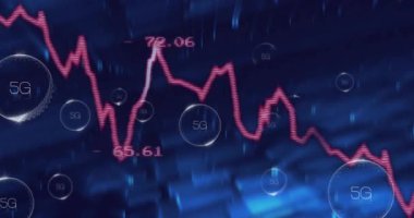 Koyu mavi ağ boyunca yüzen 5G metrik kabarcıklarla hareket eden kırmızı çizgileri gösteren grafik. Teknoloji, veri görselleştirme, dijital yenilik, ağ, analitik, fütüristik, bağlantı