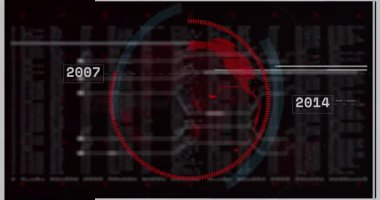 Canlandırılmış HUD altıgen kaplama ve hata kodu sütunları ile dönen kırmızı-cyan küreyi gösteriyor. Futuristik, teknoloji, arayüz, veri görselleştirme, siber, dijital, soyutlama