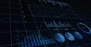 Şeffaf 3D ızgaranın üzerinde yüzen dikey mavi çubuklar, kırmızı ve mavi çizgi grafiklerinin kaydığını gösteriyor. Veri, analitik, teknoloji, dijital, fütürizm, yenilik, içgörü