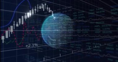 3 boyutlu dünya, şeffaf şamdanlar ve renkli trend çizgileri göstererek, gösterge paneli üzerinde dönüyor. Dijital, analitik, görselleştirme, finans, teknoloji, veri, yenilik