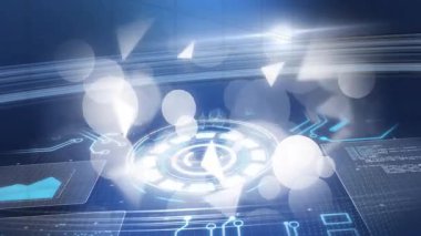 Animasyon holografik HUD görüntüsü dijital ızgara üzerinde yüzüyor, ışık çizgileri ve ok simgeleri yayıyor. Gelecek, teknoloji, arayüz, dijital, hologram, neon, sanal