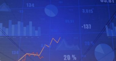 Veri görselleştirmesi çelik kulelerin arkasındaki mavi ızgarada düz tasarım grafiklerini gösteriyor. Teknoloji, analitik, sanayi, altyapı, enerji, istatistik, gelecekçilik