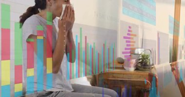 Ofisteki dokulara hapşıran bir kadın, yüzen finansal bar grafikleri ve grafikleriyle. Modern, profesyonel, minimalist, dinamik, dijital, çalışma alanı, üretkenlik