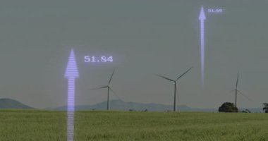 Yeşil alanın üzerinde yükselen mor ok verilerini gösteren rüzgar türbini düz bir tasarıma sahip. Yenilenebilir enerji, sürdürülebilirlik, dijital görselleştirme, çevre teknolojisi, çevre dostu, yenilik, temiz güç