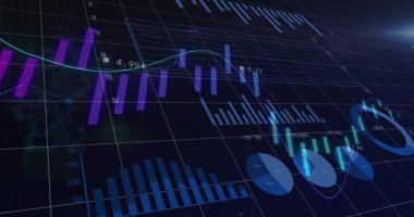 Hareket eden çizgi grafiklerini, bar çizelgelerini, şebeke arka planında şamdan çubuklarını gösteren mali konsol. Teknoloji, analitik, veri, yenilik, yatırım, finans, sanal