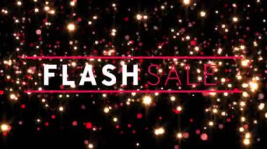 Flaş Satış metni merkezde parlarken, kırmızı çubuklar altın yıldız patlamaları ve bokeh 'i vurguluyor. Lüks, şenlikli, canlı, dijital sanat, reklamcılık, kutlama, büyüleyici