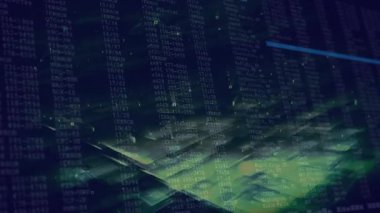 Hackleme arayüzü yeşil kod sütunlarının hata çizgileri ve yüzen karelerle birlikte aktığını gösteriyor. Siber güvenlik, programlama, dijital, teknoloji, fütüristik, veri, ağ