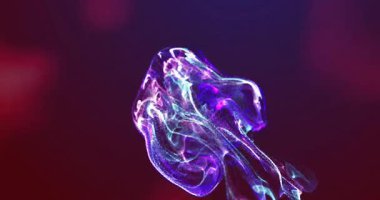 Parlayan denizanası benzeri parçacık formu neon mor izler gösteren animasyon boşluğunda sürükleniyor. Soyut, dijital sanat, aydınlık, fütüristik, bilim kurgu, neon, akışkan