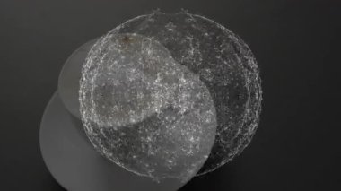 Beyaz seramik kahve fincanı koyu renkli masada üç boyutlu olarak soyut ağ örgüsünü gösteriyor. Minimalist, teknoloji, dijital, modern, soyut, geometrik, parlak