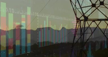Metal kafes iletim kulesi silueti ekrana hükmediyor, bar çizelgeleri, çizgi grafikleri sergiliyor. Teknoloji, veri görselleştirme, dijital arayüz, analitik, fütüristik, siber güvenlik, sanayi