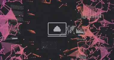 Gri pasta grafik simgesi merkezde dönüyor, dönen pembe ağ düğümlerini ve UI grafiklerini vurguluyor. Futuristik, teknoloji, veri, ağ, görselleştirme, soyut, dijital