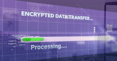 Izgara ve CSS kodu üzerinde parlak yeşil yükleme çubuğu olan kalın şifreli veri transferi metni gösteriliyor. Teknoloji, siber güvenlik, dijital, fütüristik, arayüz, ilerleme, yenilik
