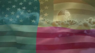 Düz dizayn Amerikan bayrağı parlayan bulutların üzerinde dalgalanıyor kraterli ay yıldızlı arka planda sürükleniyor. Vatanseverlik, göksel, gerçeküstü, soyut, kozmik, rüya gibi, ilham verici.