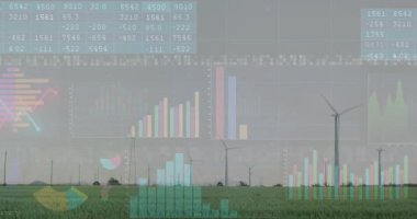 Rüzgâr türbinleri düz tasarımda yeşil alanda dönüyor, yüzen çubuk grafikleri ve çizgileri var. Yenilenebilir, sürdürülebilirlik, teknoloji, tarım, çevre, veri görselleştirme, çevre dostu