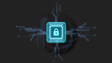 Parlayan asma kilit simgesi mikroçip içinde yüzüyor ve neon devreler 3 boyutlu olarak genişliyor. Siber güvenlik, dijital, fütüristik, teknoloji, yenilik, güvenli, soyut