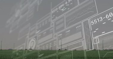 Yeşil çayırlar üzerinde dönen rüzgar türbinleri, bulutlu gökyüzünün üzerinde süzülen düz dizayn veri panelleri. Yenilenebilir, sürdürülebilirlik, teknoloji, modern, çevre dostu, çevresel, yenilik