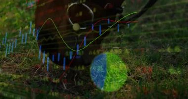 Yarı saydam borsa grafikleri akarken çimenlerin üzerinde asılı duran düz tasarım kum torbası. Açık hava, doğa, teknoloji, finans, dijital, hava durumu, markalaşma