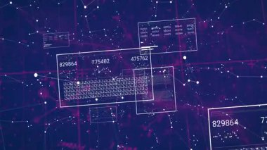 Arayüz, sayısal verileri gösteren panelleri gösteriyor, mor-mavi ağ ızgara çizgileri üzerinde yüzüyor. Teknoloji, veri, dijital, geleceksel, ağ, analitik, siber uzay