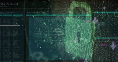 Güvenlik kilidi simgesi ve mikro işlemci bağlantıları erkek bir hacker 'a karşı. siber güvenlik teknolojisi kavramı