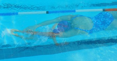 Havuzda yüzen beyaz bir kadın resmi. küresel spor ve spor konsepti dijital olarak oluşturulmuş görüntü.
