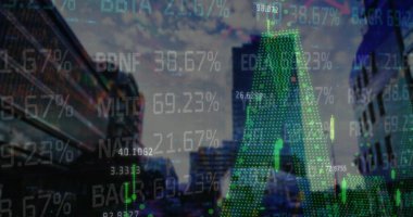 Bulanık şehir manzarası üzerindeki finansal verilerin ve grafiklerin resmi. küresel iş, finans, ekonomi ve teknoloji konsepti dijital olarak oluşturulmuş imaj.