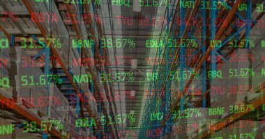 Borsa görüntüsü ve boş depo üzerinden finansal veri işleme. küresel sevkiyat, dağıtım ve bağlantılar konsepti dijital olarak oluşturuldu.