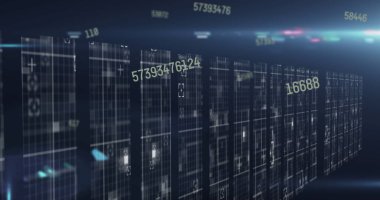 Siyah arkaplanda hareket eden sütunların üzerindeki veri işleme resmi. küresel finansman, bilgisayar ve dijital arayüz kavramı dijital olarak oluşturulmuş görüntü.