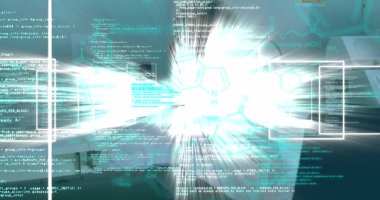 Kafkas erkek laboratuvar çalışanı üzerinde bilimsel veri işleme görüntüsü. sağlık, tıp, bilim ve teknoloji konsepti dijital olarak oluşturulmuş görüntü.