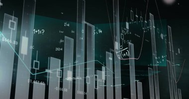 Siyah arkaplan üzerinde finansal veri işleme ve matematiksel denklemlerin resmi. küresel iş, finans ve dijital arayüz kavramı dijital olarak oluşturulmuş görüntü.