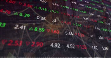 Finansal verilerin ve grafiklerin resmi siyah arkaplanda. Ekonomi, finans ve teknoloji kavramı dijital olarak oluşturulmuş görüntü.