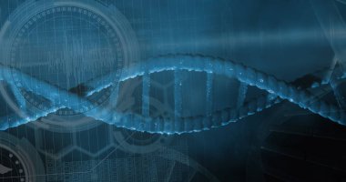 DNA yapısı mavi arka planda tıbbi veri işleme üzerinde dönüyor. tıbbi araştırma ve bilim teknolojisi kavramı