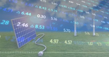Rüzgar türbinleri ve güneş paneli üzerinden finansal veri işleme görüntüsü. küresel iş, finans ve dijital arayüz kavramı dijital olarak oluşturulmuş görüntü.