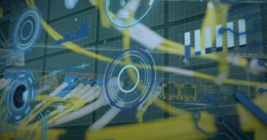 Bilgisayar kabloları üzerinden veri işleme görüntüsü. Bilgisayar kablolarını kontrol eden beyaz kadın üzerinden veri işleme görüntüsü.