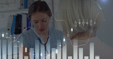 Kafkas kadın hemşirenin hastayı tedavi etmesi üzerine veri işleme görüntüsü. küresel tıp ve dijital arayüz kavramı dijital olarak oluşturulmuş görüntü.