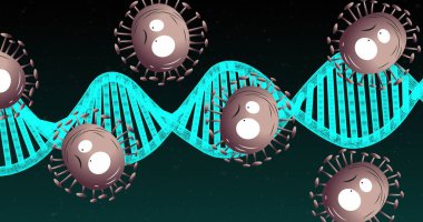 Leylak rengi karikatür virüs parçacıklarıyla dijital laboratuvar boşluğunda parlayan Cyan DNA sarmalını gösteriyor. Biyoteknoloji, moleküler, fütüristik, sağlık, bilim, yenilik, dijital