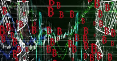 Siyah arkaplanda veri işleme üzerine bitcoin sembollerinin resmi. küresel teknoloji, bilgisayar ve dijital arayüz kavramı dijital olarak oluşturulmuş görüntü.