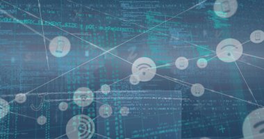 Mavi arkaplan üzerinde dijital arayüz ve bağlantı ağının resmi. küresel bağlantılar, veri işleme ve dijital arayüz konsepti dijital olarak oluşturulmuş resim.