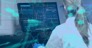 Kafkas kadın bilim adamı üzerinden veri işleme görüntüsü. küresel tıp, bilim ve veri işleme kavramı dijital olarak oluşturulmuş görüntü.