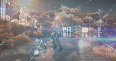 Bulutların üstünde işlenen veri görüntüsü ve atlama halatı. küresel iş ve dijital arayüz kavramı dijital olarak oluşturulmuş görüntü.