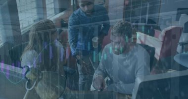 Image of financial data processing over diverse business people in office. global business, finances and digital interface concept digitally generated image.