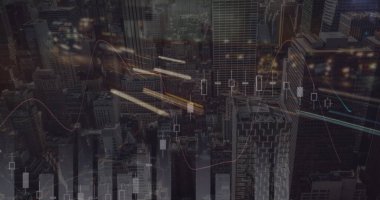 Şehir manzarası üzerinde finansal veri işleme resmi. Küresel bilim, bağlantılar, veri işleme ve dijital arayüz kavramı dijital olarak oluşturuldu.