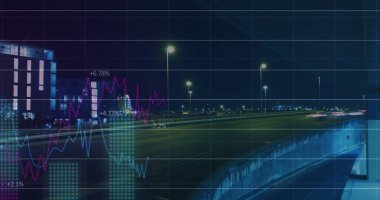 Şehir manzarası üzerinde veri işleme resmi. küresel iş ve dijital arayüz kavramı dijital olarak oluşturulmuş görüntü.