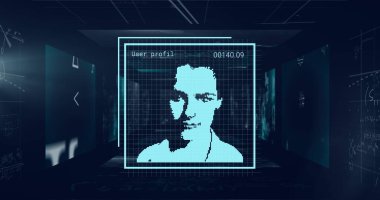 Siyah arkaplanda kullanıcı fotoğrafları ve veri işleme resimleri. Sosyal medya, ağ, iletişim ve veri güvenliği konsepti dijital olarak oluşturuldu.