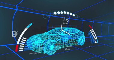 Dijital arabanın üzerindeki araba paneli görüntüsü. küresel ulaşım ve dijital arayüz kavramı dijital olarak oluşturulmuş görüntü.
