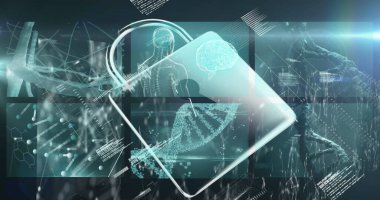 Siyah arkaplanda veri işleme üzerine asma kilit simgesi resmi. küresel bağlantılar, veri işleme ve dijital arayüz konsepti dijital olarak oluşturulmuş resim.