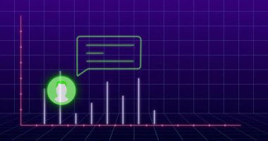 Yeşil avatar konuşma balonunun altında süzülürken, neon şebekesi pembe veri noktalarının yükseldiğini gösteriyor. Fütüristik, görselleştirme, analitik, dijital, teknoloji, yenilik, merak uyandırıcı