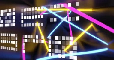 Neon ışıkları yarı şeffaf kare ızgaraların üzerinde çapraz geçiş yaparak animasyon çizimleri yapıyor. Fütürist, dijital sanat, enerjik, soyut, neon ışığı, geometrik, minimalizm