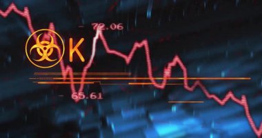 Acil durum uyarı grafiği, parlak turuncu metin ve biyolojik tehlike sembolünü arızalı HUD 'da gösteriyor. Uyarı, siber güvenlik, yenilik, teknoloji, uyarı, tehlike, arayüz
