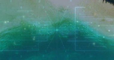 Havadan göl sahnesinde parlayan düğümler, şebeke çizgileri ve sayısal örtülerle merkez su boruları yükseliyor. Doğa, teknoloji, ormancılık, dijital, dinginlik, yenilik, manzara